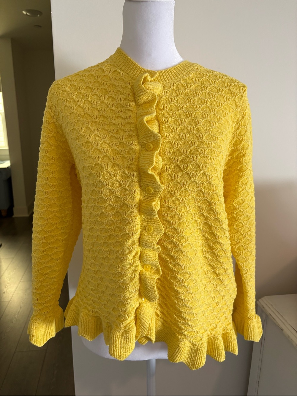 Zara Bright Yellow Ruffle-Trim Knit Cardigan Large